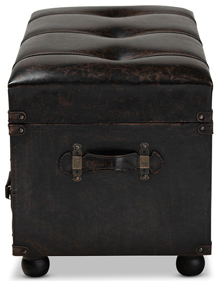 Distressed Dark Brown Faux Leather Upholstered 2-Drawer Storage Trunk Ottoman