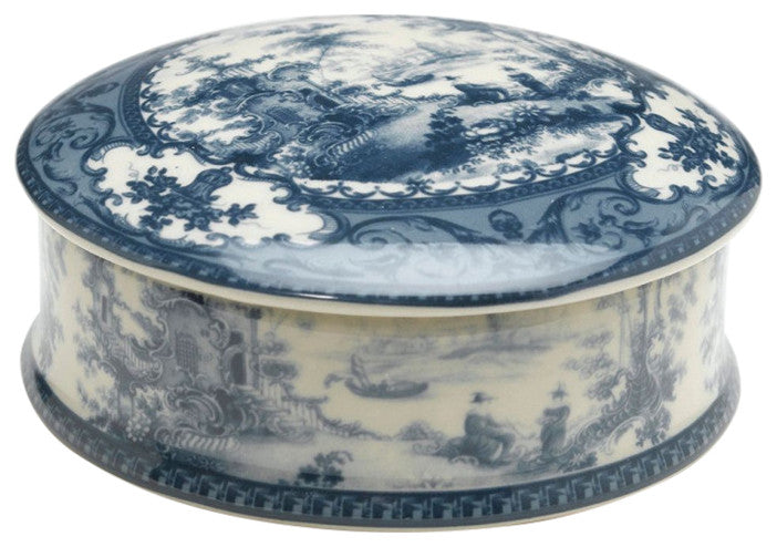 Round Porcelain Decorative Box, Blue/Cream