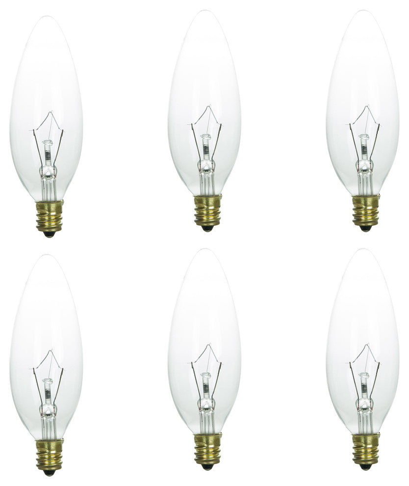 6 Pack Sunlite Clear Torpedo Tip Chandelier Bulb, 60W, 220V, Candelabra Base