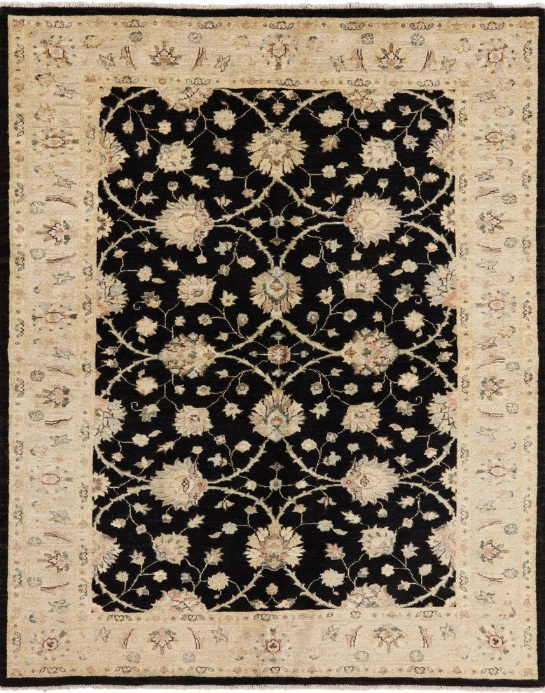 Black Oushak Oriental Hand-Knotted Peshawar Chobi Wool Rug, 6'x7'
