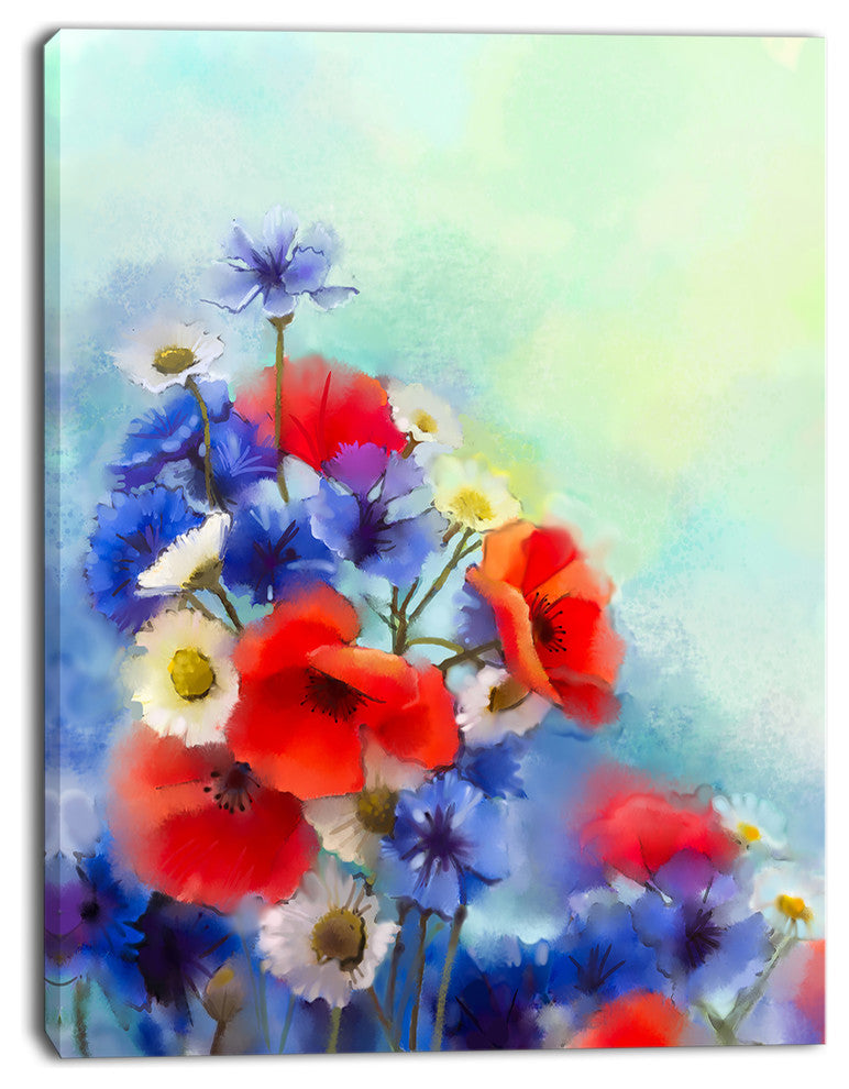 Blue Cornflower and White Daisy, Floral Canvas Art Print, 28"x60"