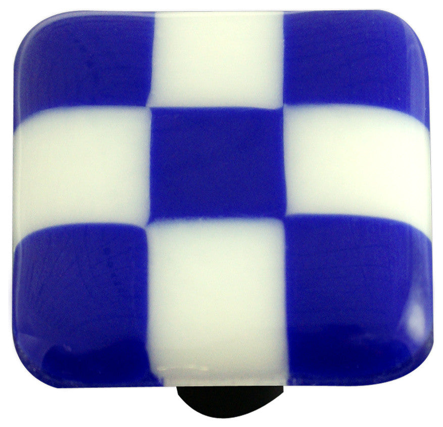 Art Glass Checked Knob, Alum Post, Cobalt Blue White Squares