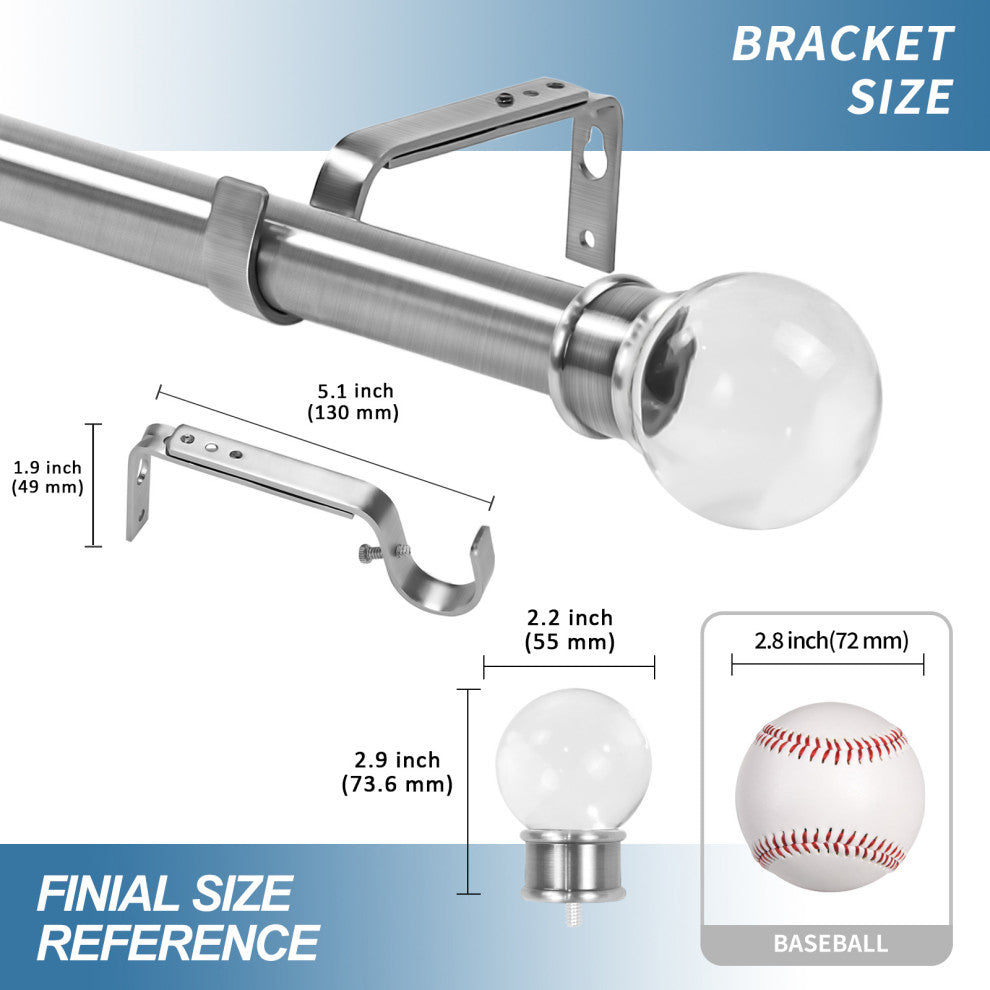 1" Crystal Ball Drapery Curtain Rod, Brushed Steel, 28"-48"