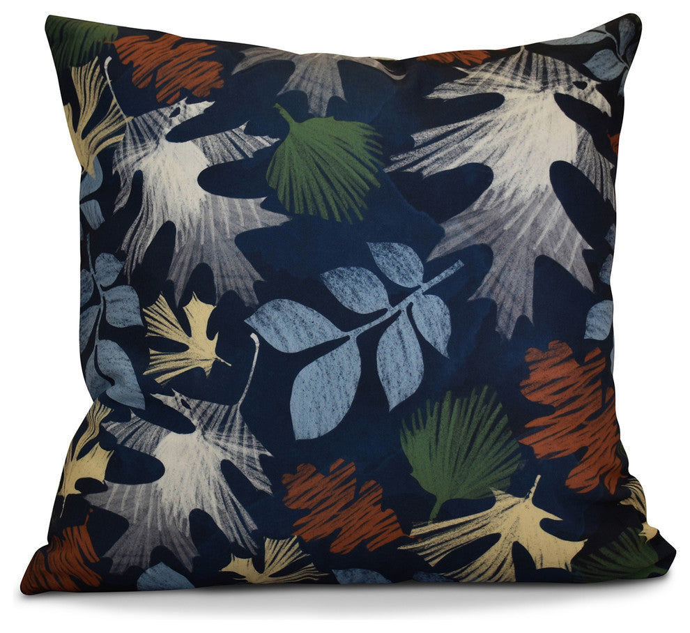 Watercolor Leaves Floral Print Pillow, Navy Blue, 18"x18"