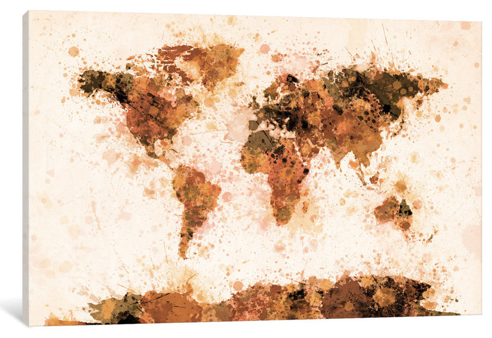 "Bronze Paint Splash World Map" Wrapped Canvas Print, 18x12x1.5