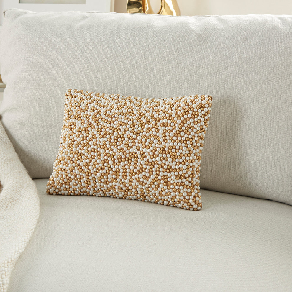 Nourison Home 10"x14" Sofia Fully Beaded Pearls Ivory Gold Throw Pillows