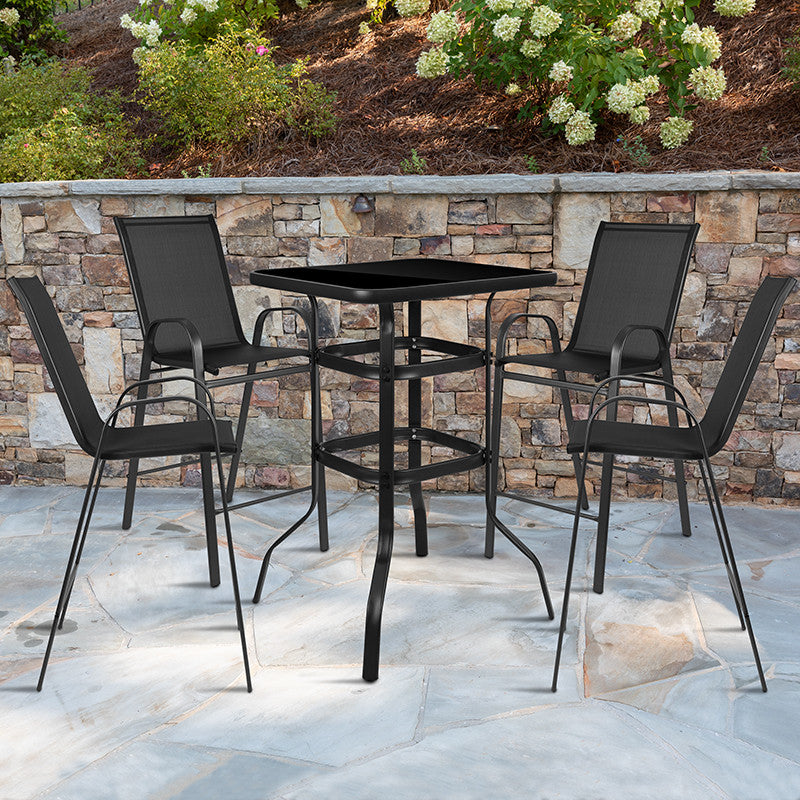 5 Piece Outdoor Glass Bar Patio Table Set with 4 Barstools
