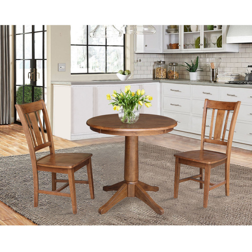 30" Round Top Pedestal Table - With 2 San Remo Chairs, Distressed Oak