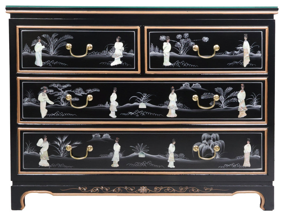 Shiny Black and Pearl Inlaid Oriental Dresser With 4 Drawers