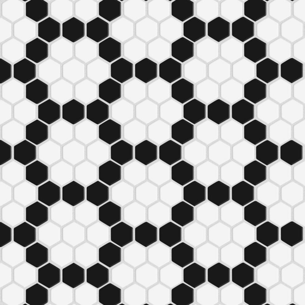 Metro 1" Hex Porcelain Mosaic Floor and Wall Tile, Wht Blk Hncom
