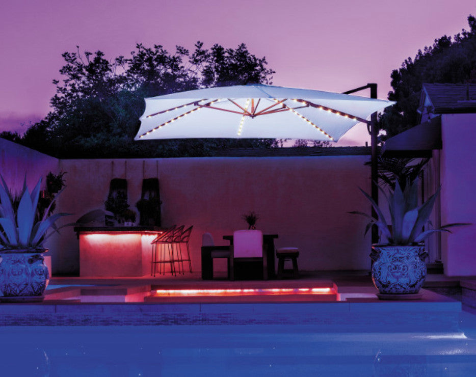 Bali Pro 10' Square Cantilever Umbrella With Lights, Beige/Solefin Fabric