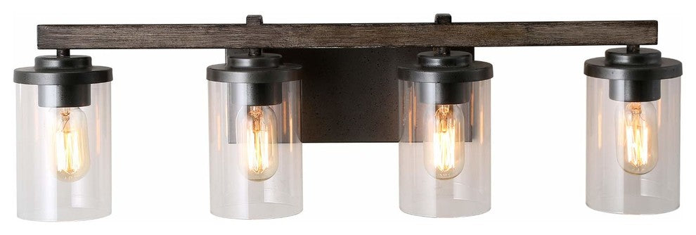 LALUZ Clear Glass Farmhouse Bathroom Vanity Lights, Bronze and Wood Grain, 4-Light