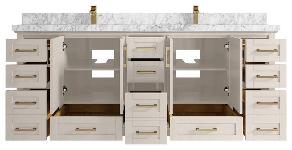 Boston 84" Double Sink Bath Vanity in Fine Grain 2" Carrara Marble