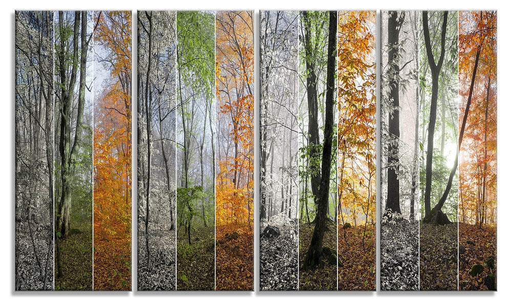 Wood Panorama Changing Seasons, Landscape Canvas Art Print, 48"x28", 4 Panels
