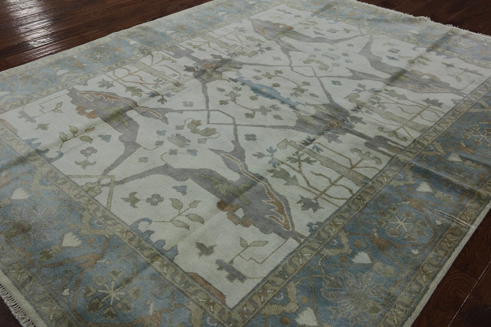 Oushak Ivory/Blue Border 8'x10' Geo-Floral Hand Knotted Wool Area Rug