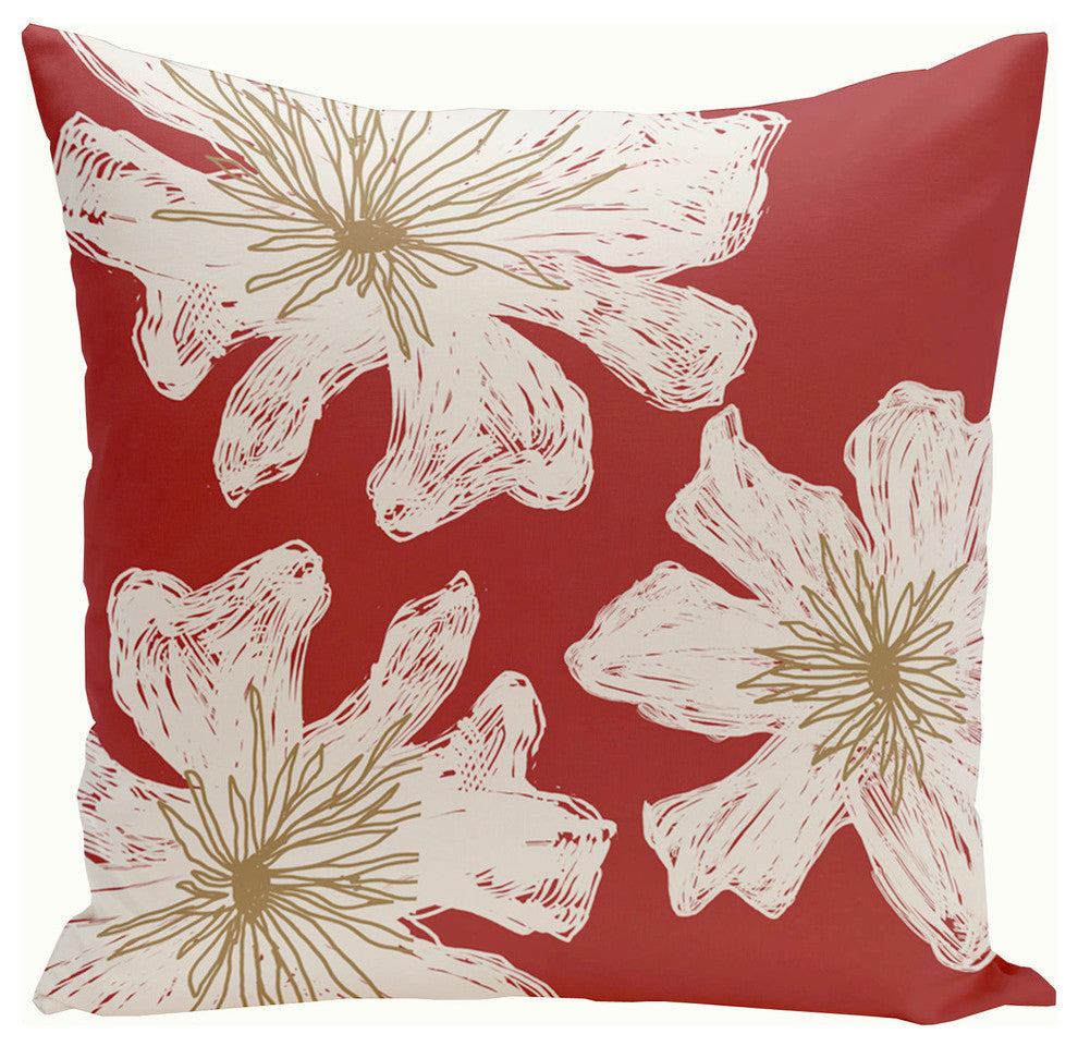 Polyester Pillow, Floral, Red, White, Brown, 16"x16"