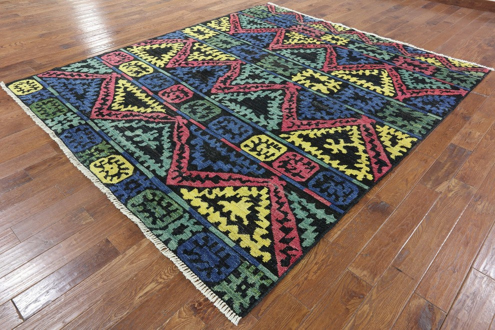 9'x10' South Western Navajo-Design Kaitag Blue Hand Knotted Wool Area Rug