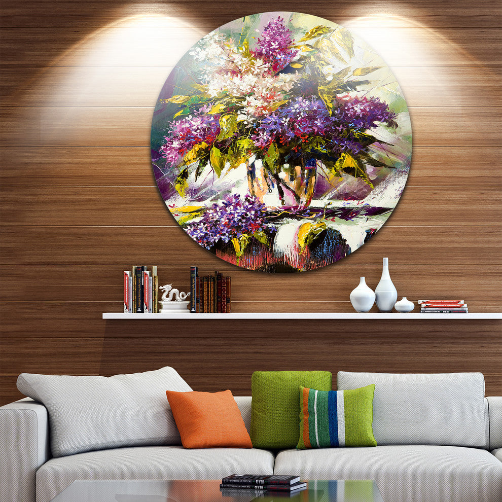 Lilac Bouquet In A Vase, Floral Disc Metal Artwork, 23"