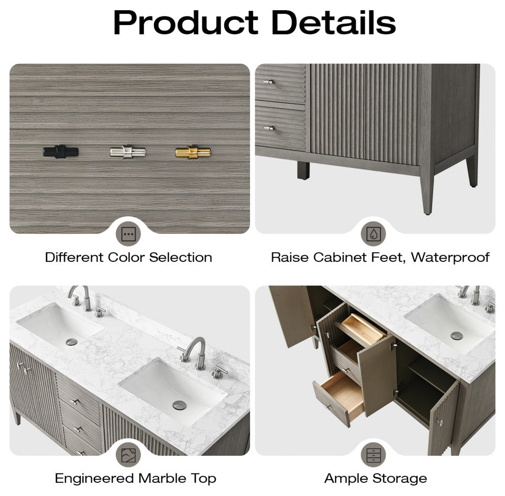 Vanity Art Freestanding Vanity, Driftwood Gray, 60", Double Sink, Golden Brushed