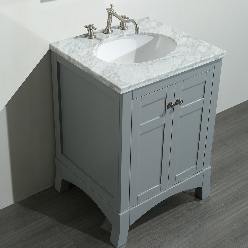 Eviva New York 24" Gray Bathroom Vanity, With White Marble Carrera Top and Sink