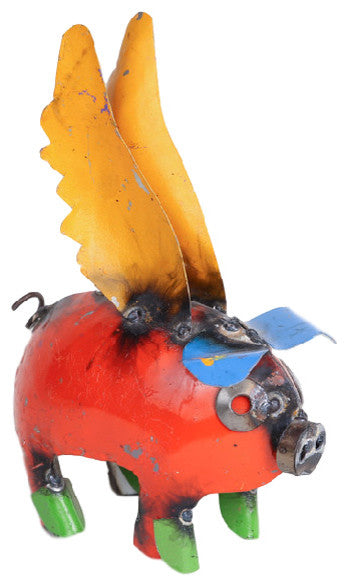 Recycled Metal Flying Pig, Multi-Colored, Mini