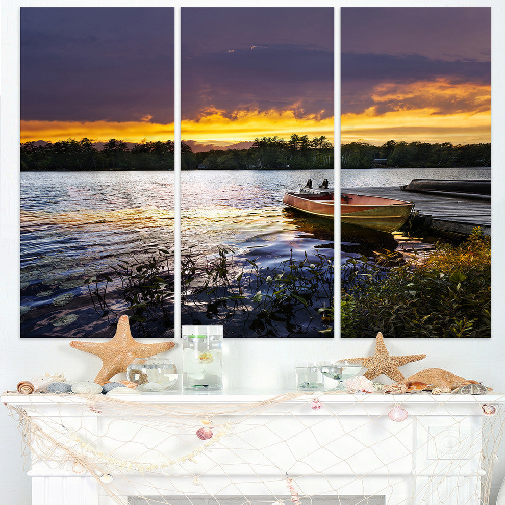 "Boat Docked in Lake at Sunset" Metal Wall Art, 3 Panels, 36"x28"