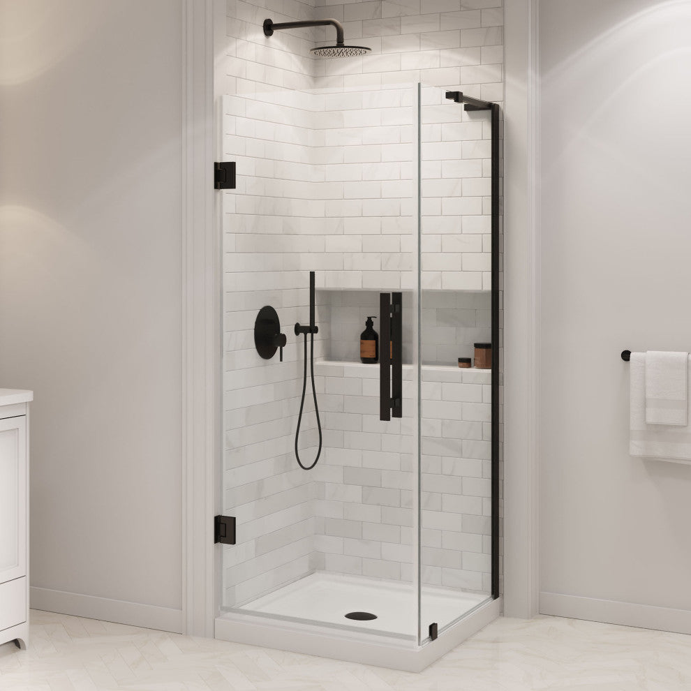Panama 32"Wx32"Dx74 3/4"H Corner Hinge Shower Kit Black Base, Black, 32"