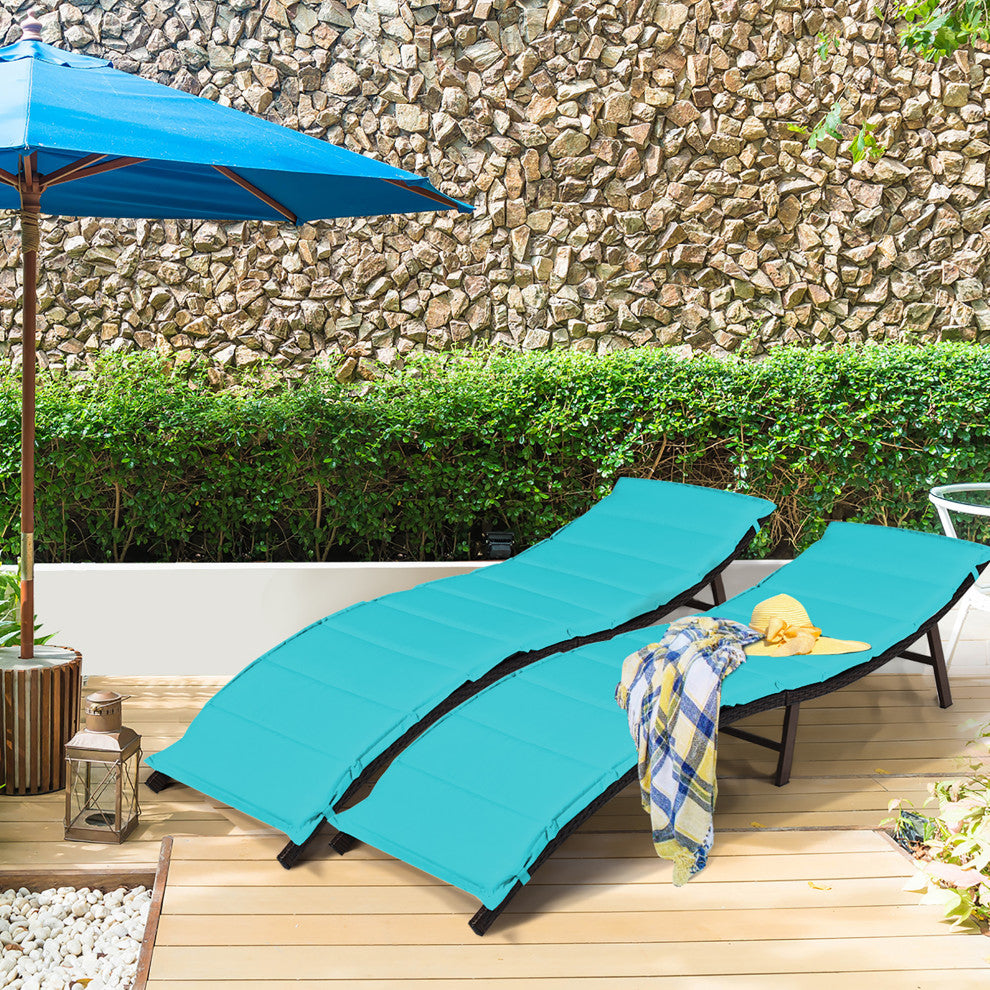 Costway 2PCS Patio Rattan Folding Lounge Chair Chaise Cushions Turquoise