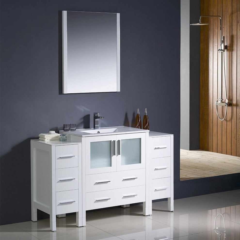 Torino 54" White Modern Bathroom Vanity With 2 Side Cabinets, FFT3111CH