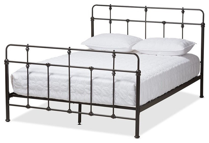 Ginette Vintage Industrial Antique Black Metal Platform Bed, Full