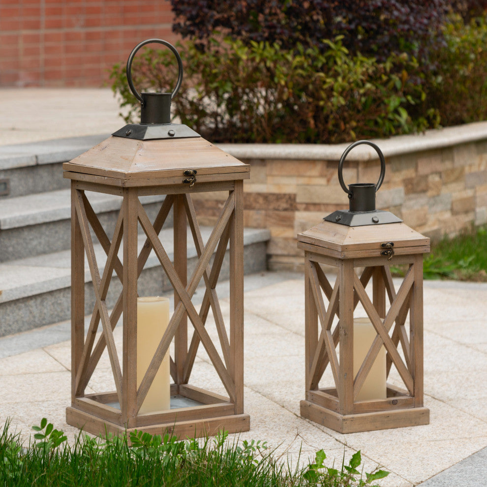 Set of 2 Farmhouse Wooden Lantern, Natural