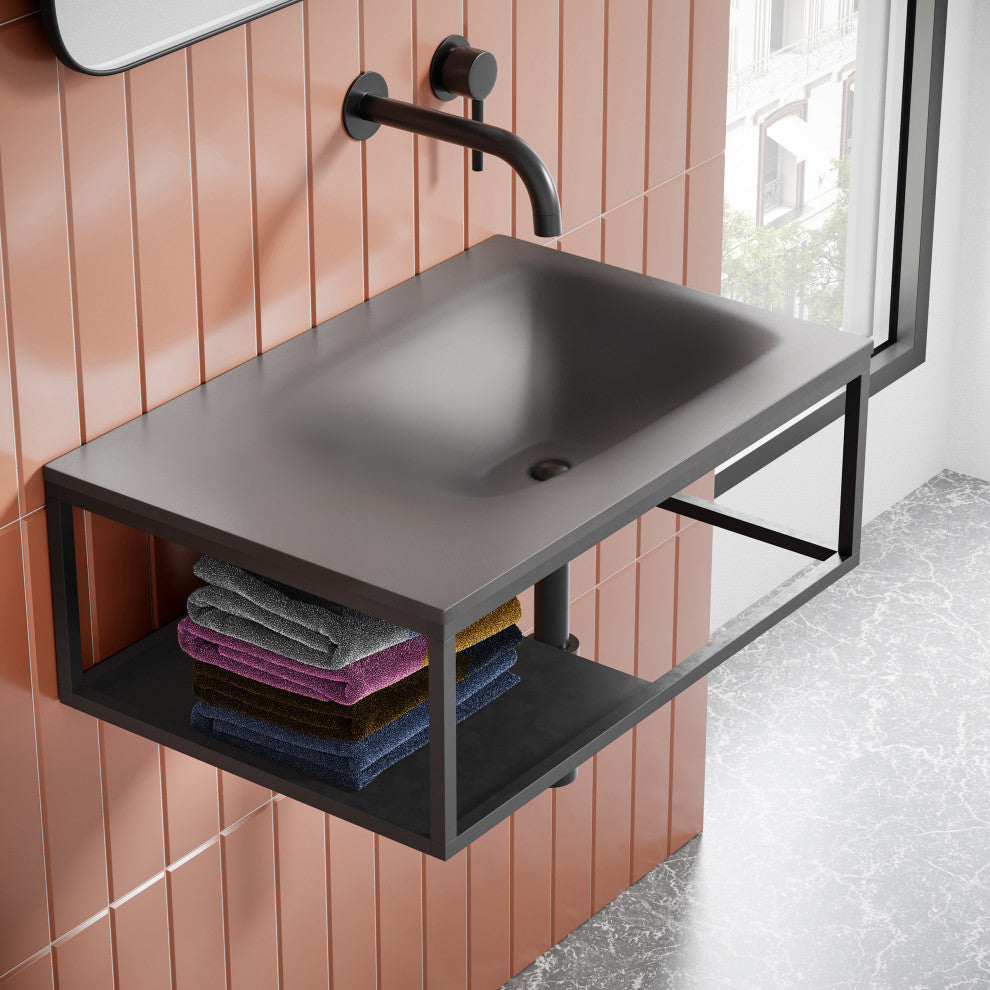 Lisse 24" Rectangle Concrete Wall-Mount Bathroom Sink, Dark Gray