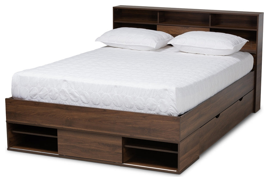 Walnut Brown Finished Wood 1-Drawer Queen Size Platform Storage Bed with Shelves