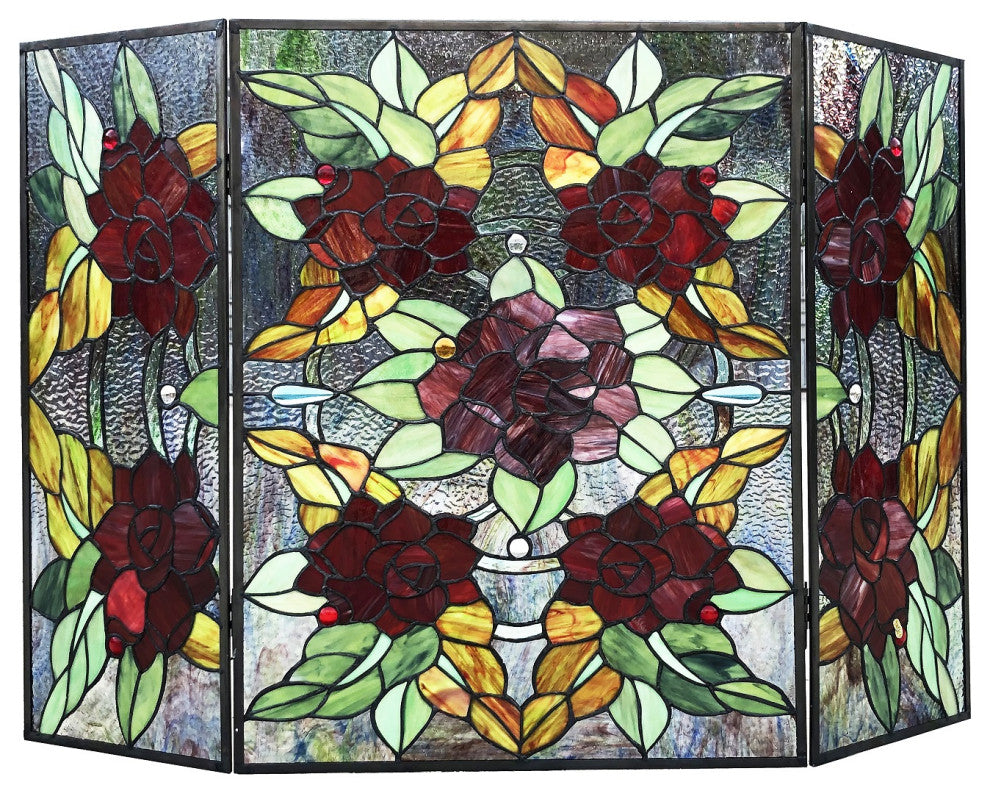 CANNA Tiffany-Style 3-Piece Folding Floral Stained Glass Fireplace Screen, 40"