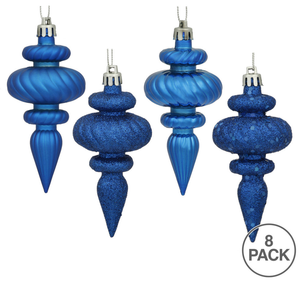 Vickerman N500002 4" Blue 4-Finish Finial Ornament, 8 Per Box
