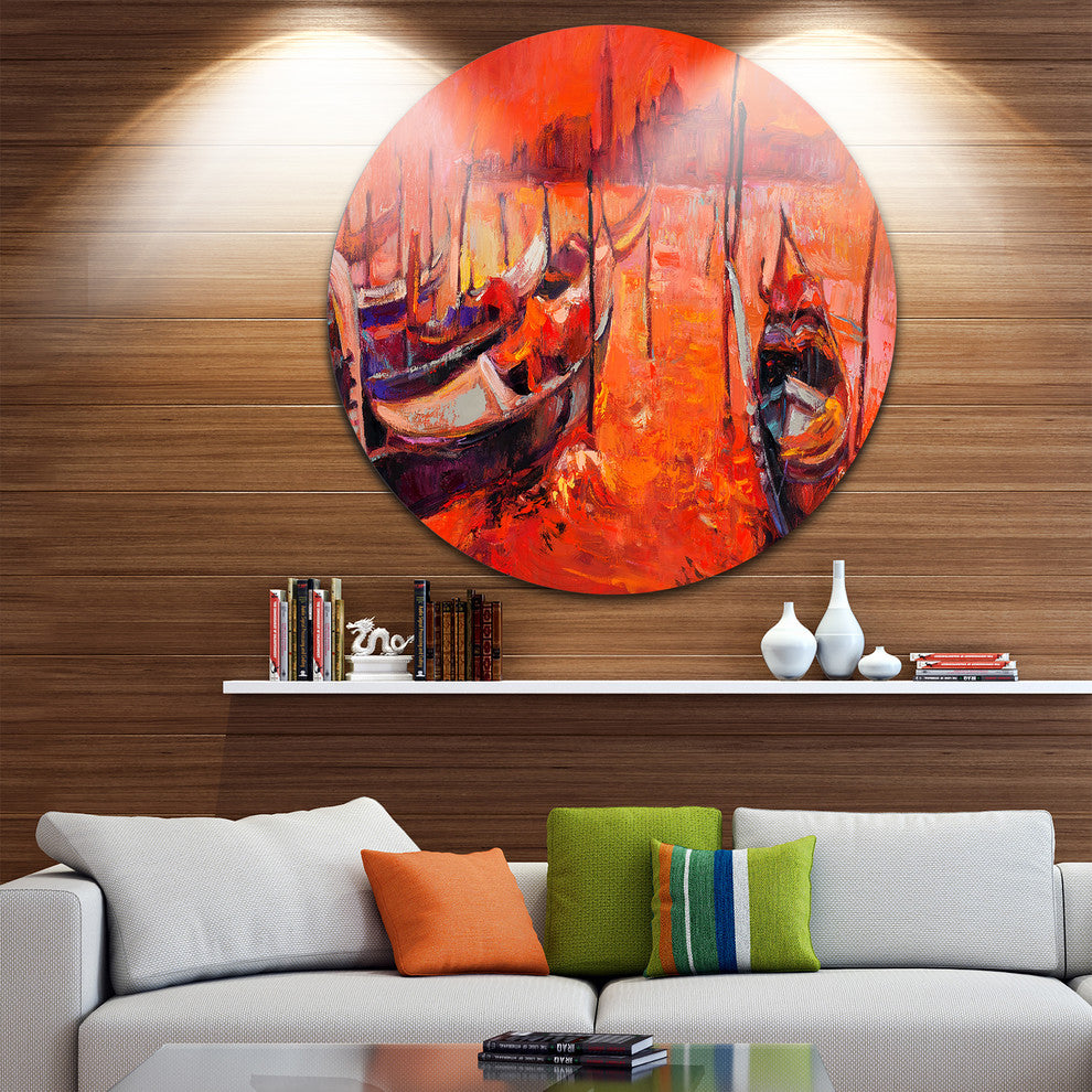 Red Sunset Over Venice, Landscape Painting Disc Metal Artwork, 38"