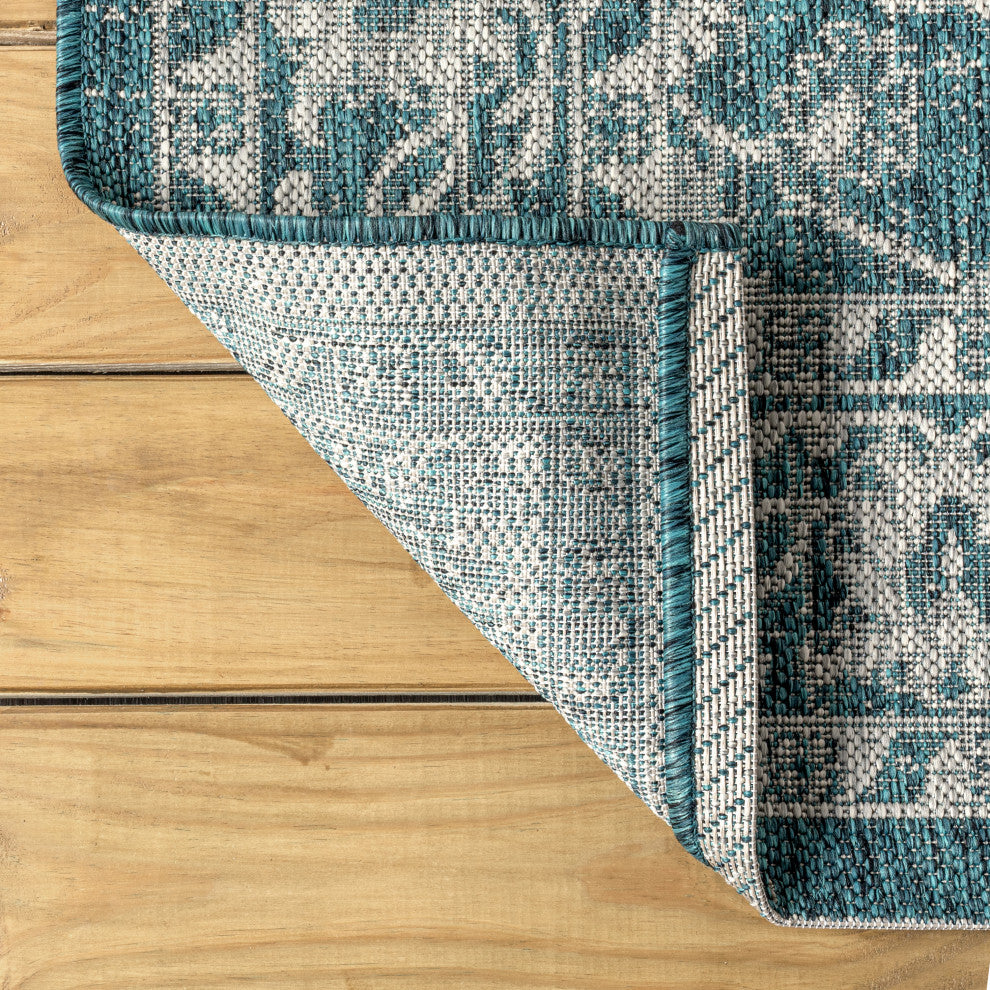 Palazzo Vine and Border Textured Weave Indoor and Outdoor Area Rug, Teal and Gra