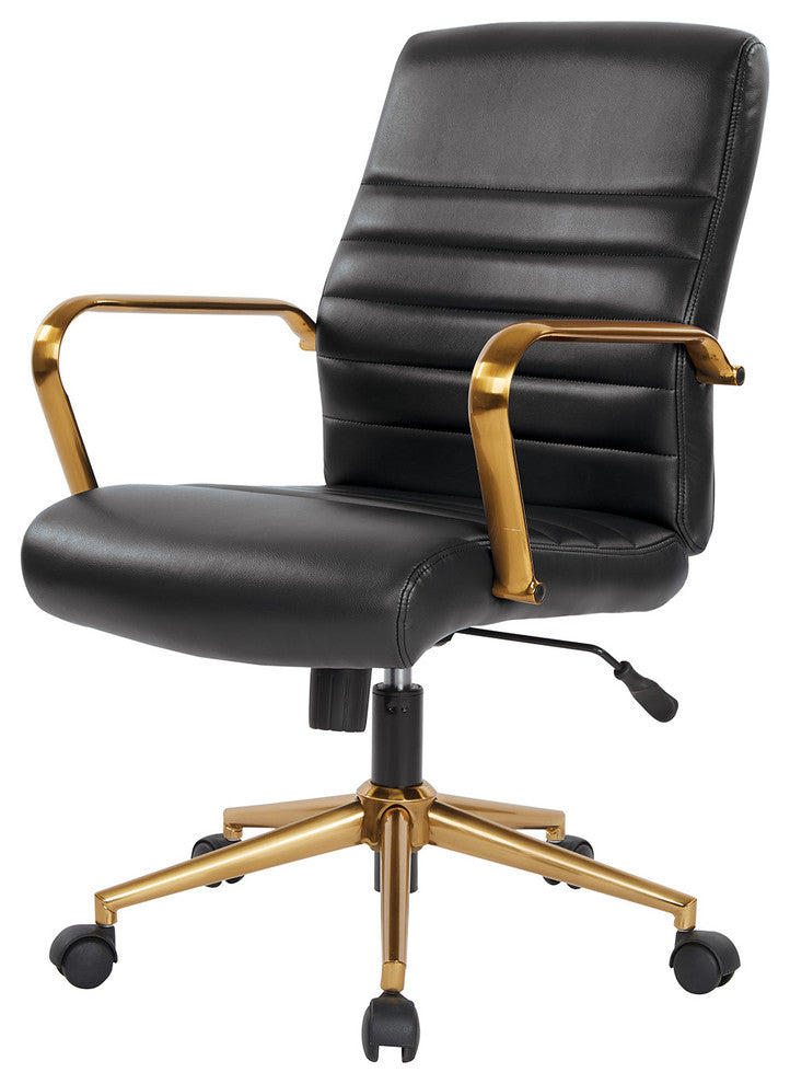 Mid-Back Faux Leather Chair With Gold Arms and Base, Black