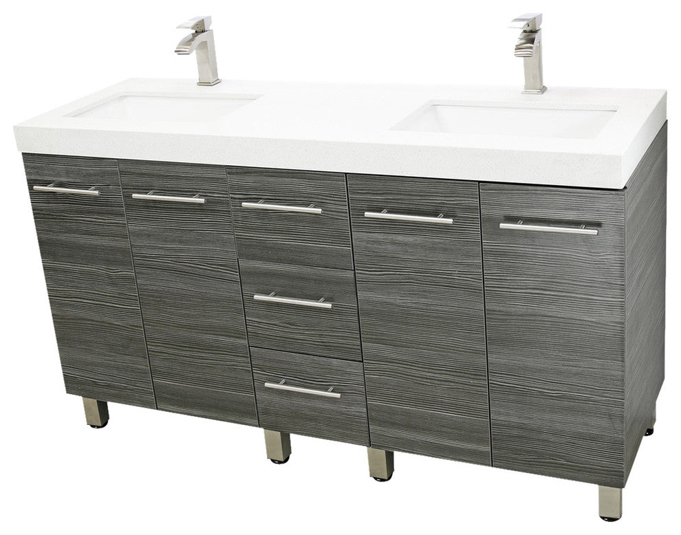 Windbay 60" Free Standing Double Vanity, Dark Grey, White Quartz Under Mount Cou