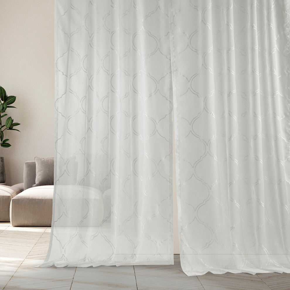 Florentina Embroidered Sheer Curtain Single Panel, White, 50"x96"