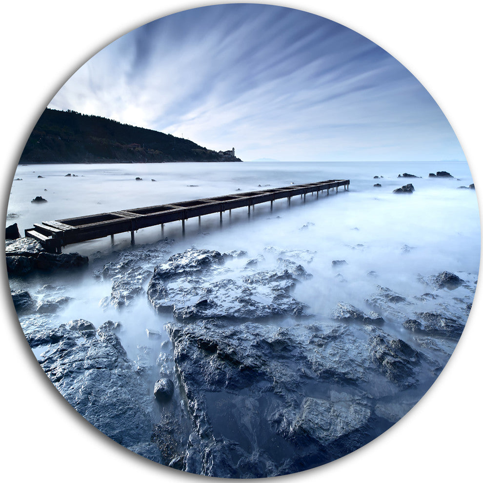 Wooden Pier Deep Into Sea, Seascape Photo Round Metal Wall Art, 36"