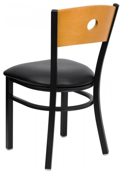 Black Circle Back Metal Restaurant Chair, Natural Wood Back, Black Vinyl Seat