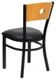 Black Circle Back Metal Restaurant Chair, Natural Wood Back, Black Vinyl Seat