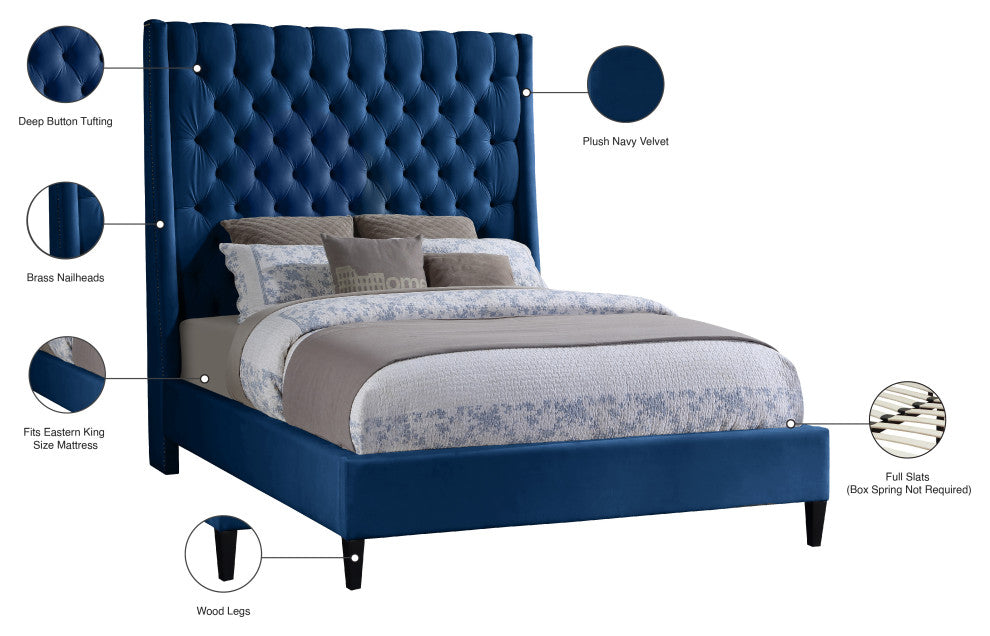 Fritz Velvet Upholstered Bed, Navy, King