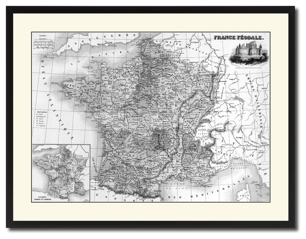 Mideavel France Crusades Vintage B&W Map Canvas Print, 28"x37"