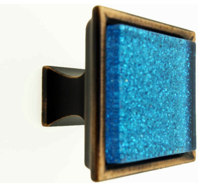 Sparkling Aquamarine Blue Sand Crystal Glass Oil Rubbed Bronze Classic Knob
