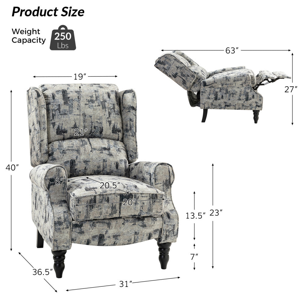 Modern Push-Back Plaid Recliner with Rolled Armrest, Gray