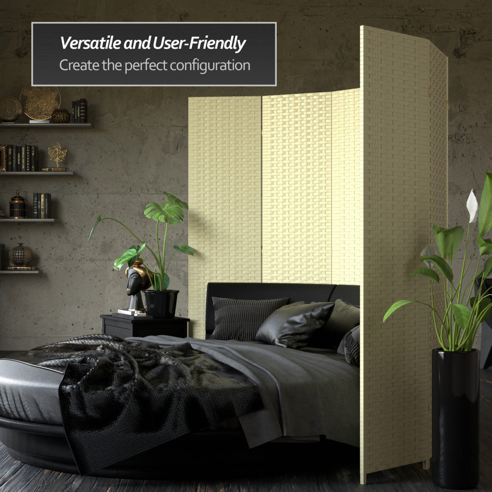 7' Tall Woven Fiber Room Divider, Cream, 6 Panel