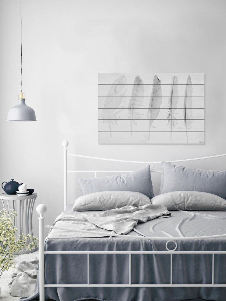 "Five White Feathers" Wall Art on Wood, 60"x40"