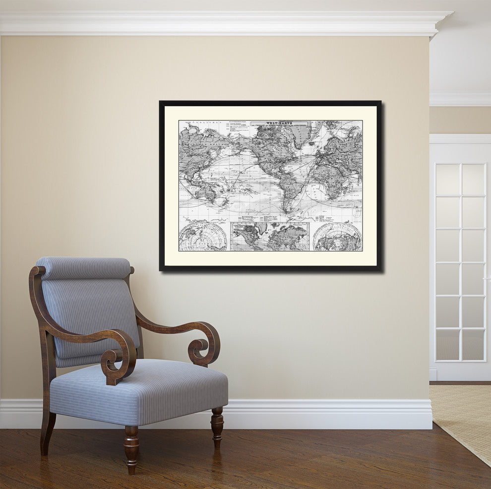 World Ocean Currents Vintage B&W Map Canvas Print, 28"x37"